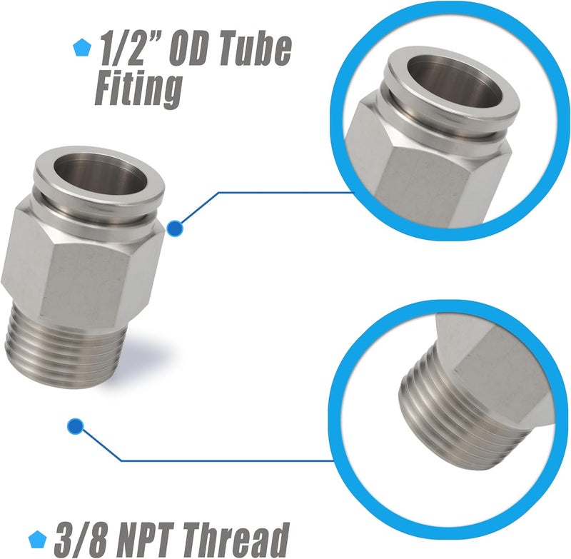 MSAEIQUN Stainless Steel 1/2 Air hose fittings, Push to Connect Air fittings Male Straight 1/2 Inch Tube OD x 3/8 NPT Thread Fitting (Pack of 2) - Image 2